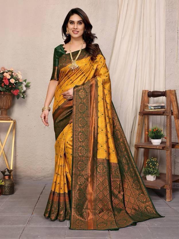 Mustard Yellow and Green Silk Saree with Woven Border