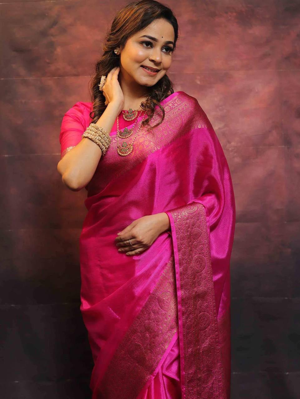 Vibrant Magenta Kanjivaram Silk Saree with Golden Zari Border
