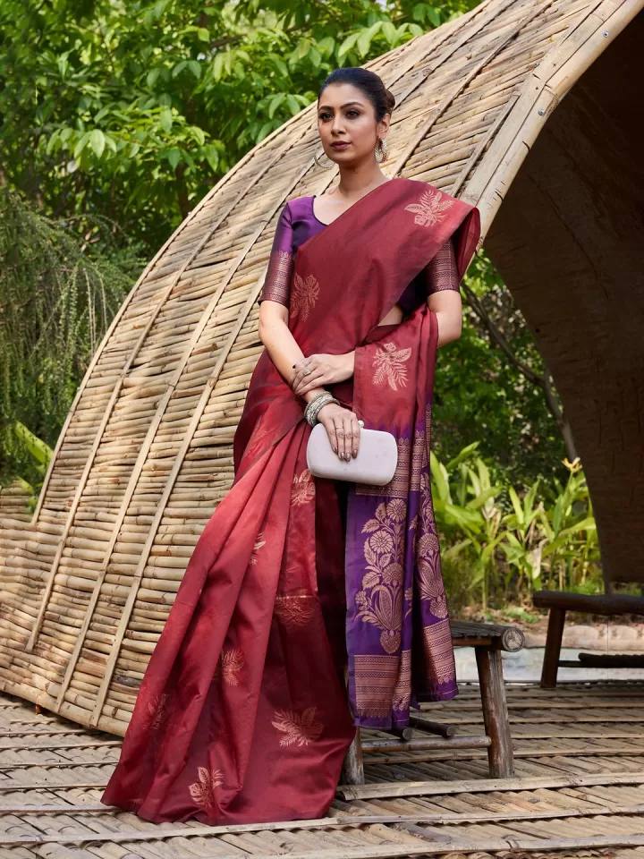Maroon Banarasi Silk Saree with Purple Zari Border and Floral Motifs