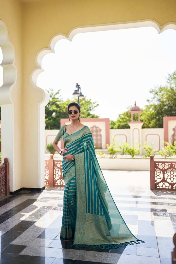 Elegant Teal Green Banarasi Silk Saree with Golden Zari Stripes