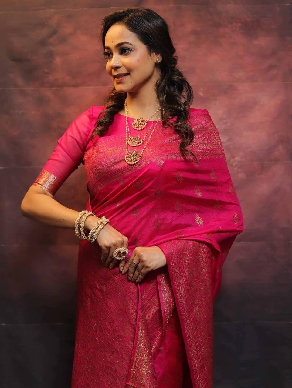 Vibrant Pink Banarasi Silk Saree with Gold Zari Work