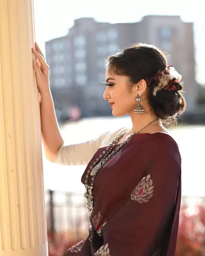Maroon Silk Saree with Floral Embroidered Motifs and Matching Blouse