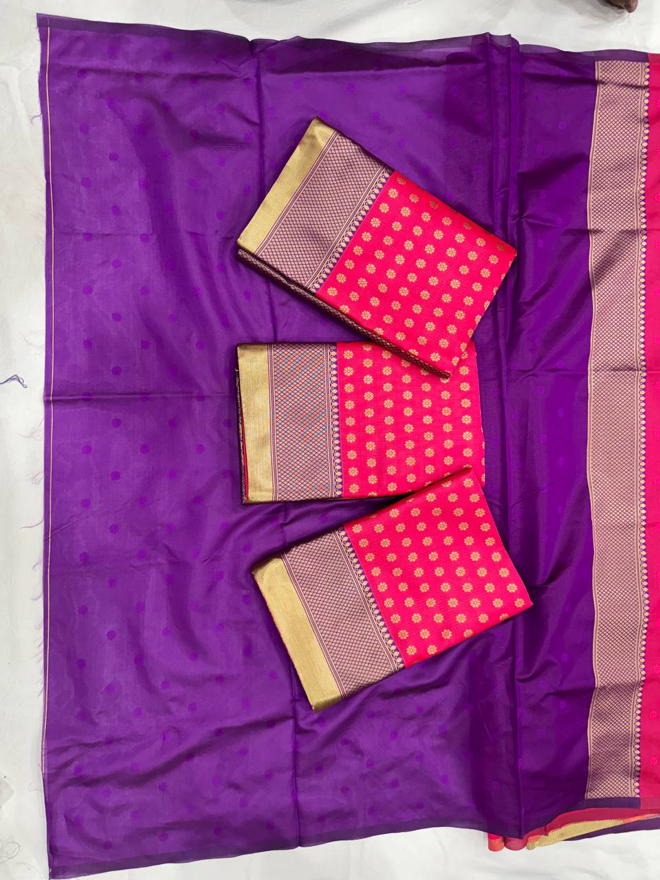 Vibrant Purple and Pink Silk Saree with Zari Border and Matching Blouse Pieces