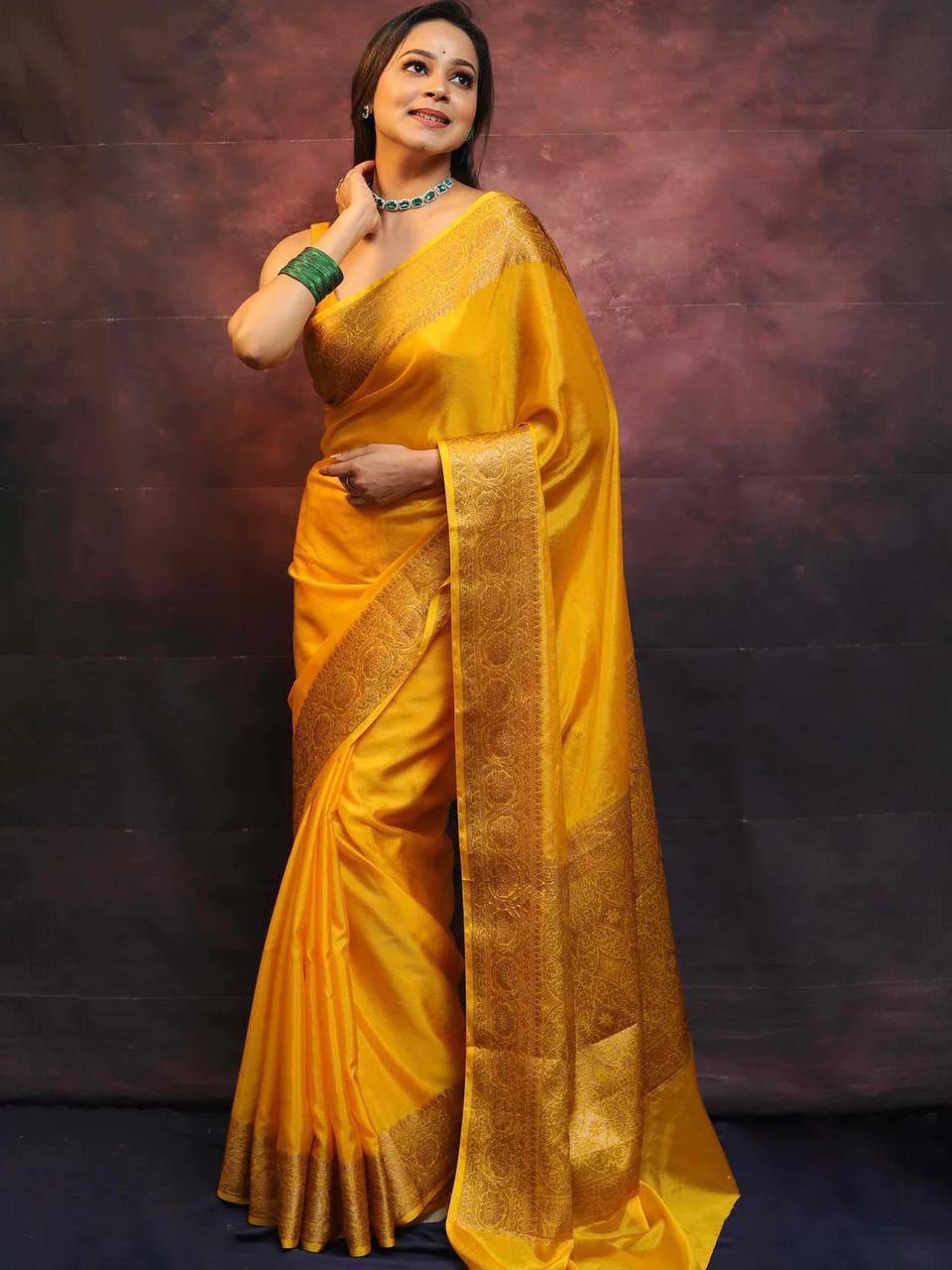 Elegant Yellow Silk Saree with Golden Border