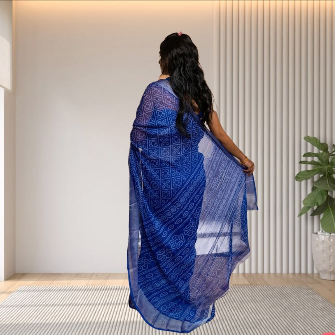 Women's Chiffon Georgette Printed Bandhani Butterfly Saree with Unstitched Blouse Piece