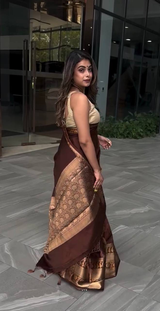 Brown Silk Saree with Gold Zari Border and Pallu