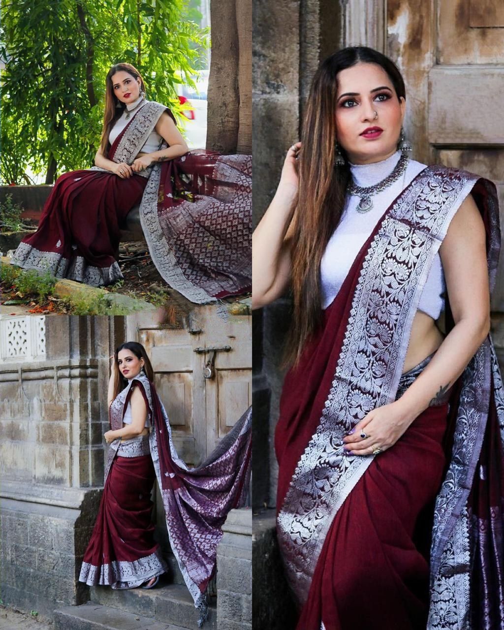 Maroon Banarasi Silk Saree with Silver Zari Border