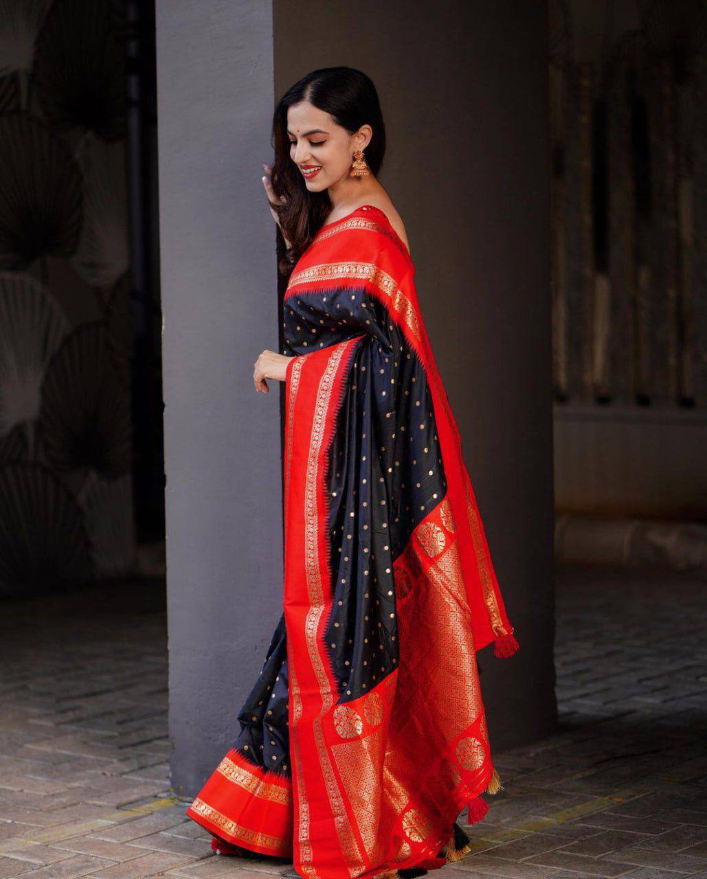 Black Silk Saree with Red Border and Golden Embroidery