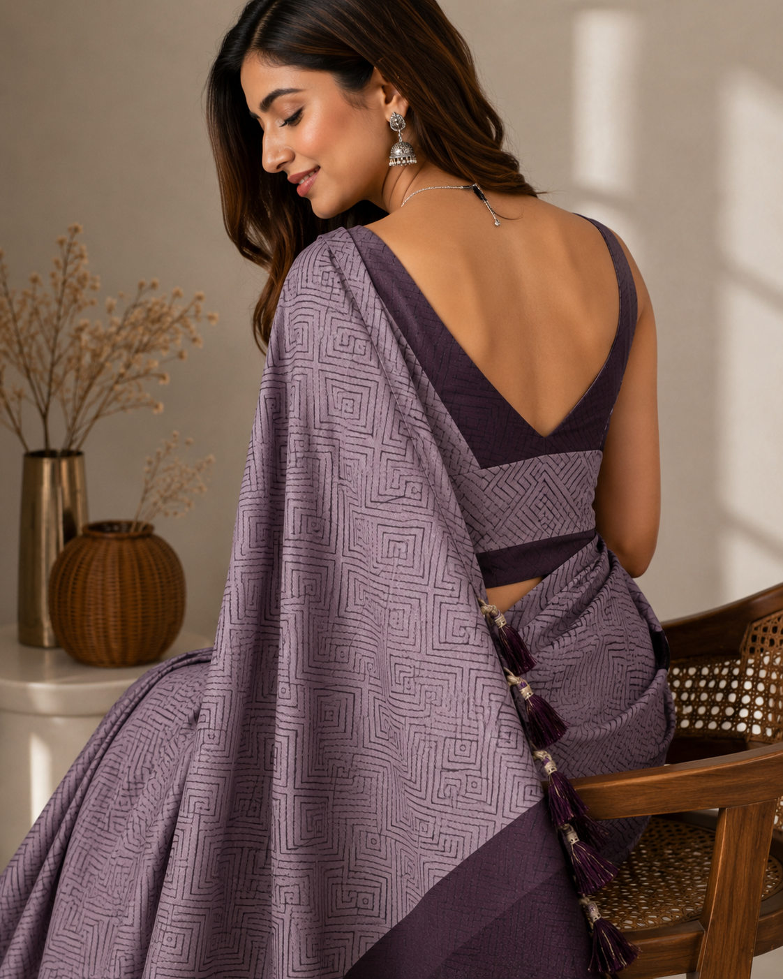 Women's Premium Georgette Silky Saree with Geometric Print & Tassel Pallu