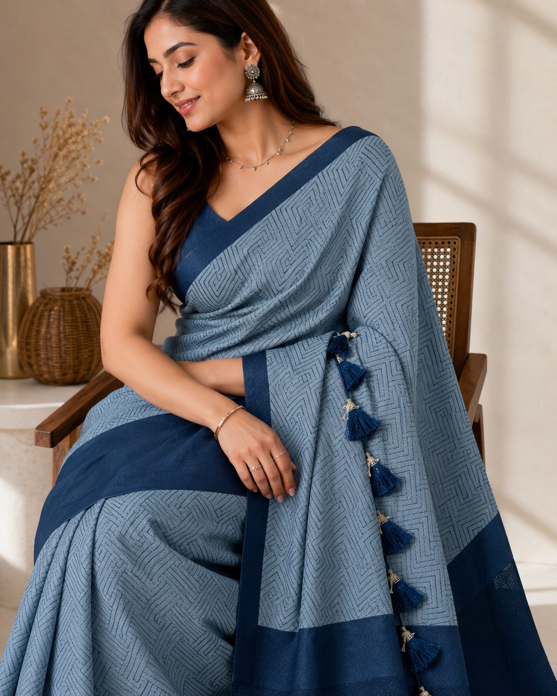 Women's Premium Georgette Silky Saree with Geometric Print & Tassel Pallu