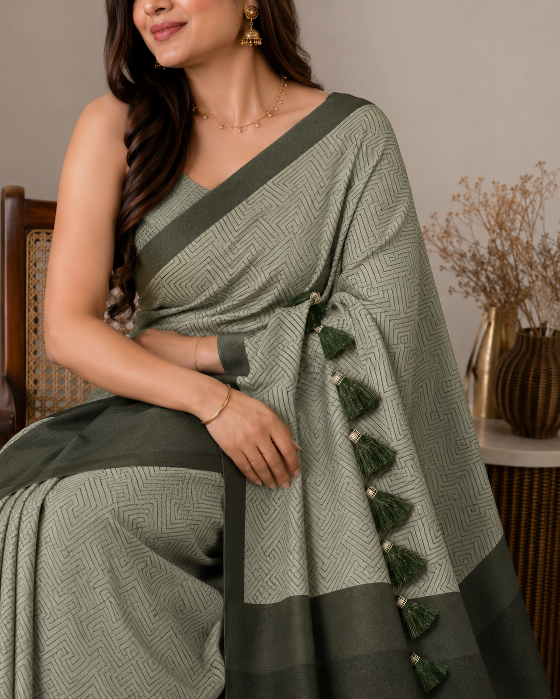 Women's Premium Georgette Silky Saree with Geometric Print & Tassel Pallu