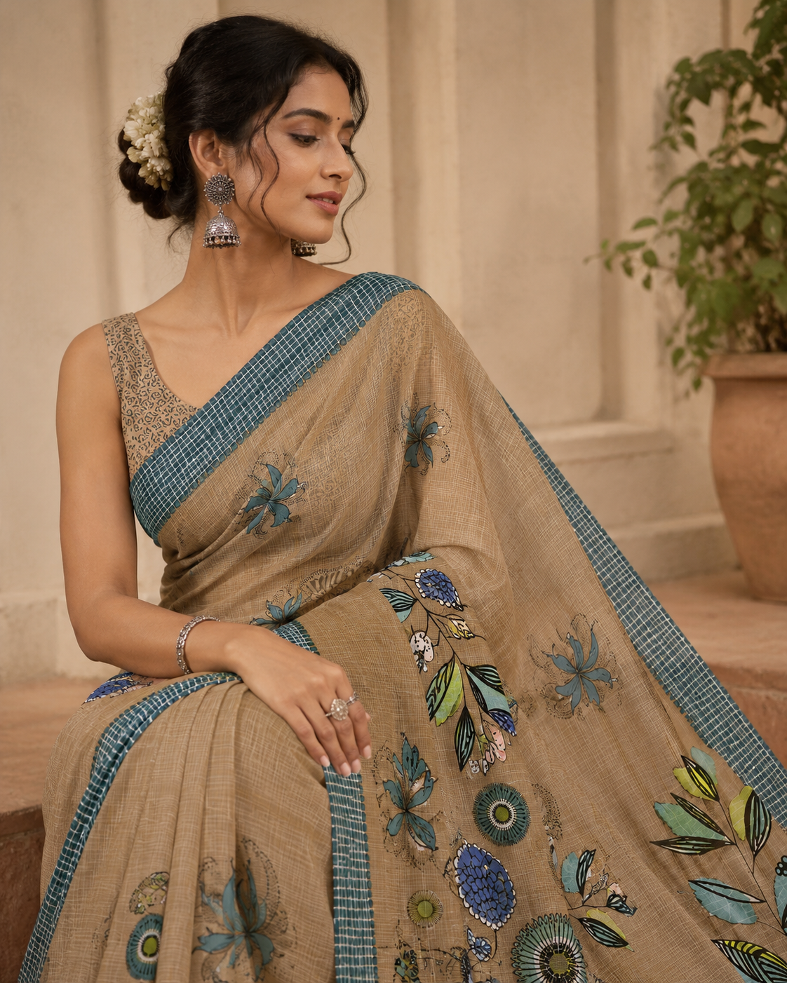 Women's Linen Silver Patta Printed Saree with Tassels