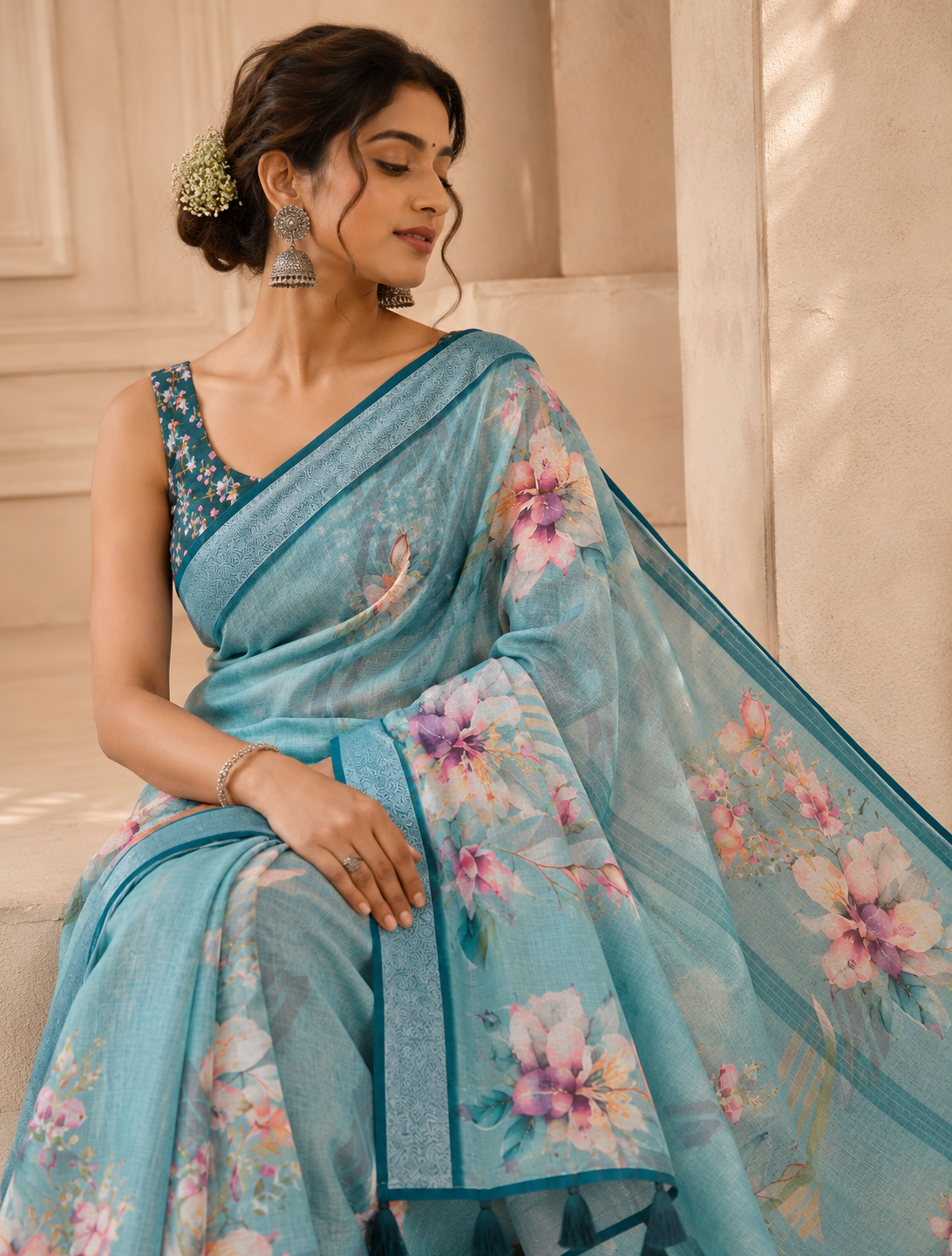 Women's Linen Silver Patta Printed Saree with Tassels