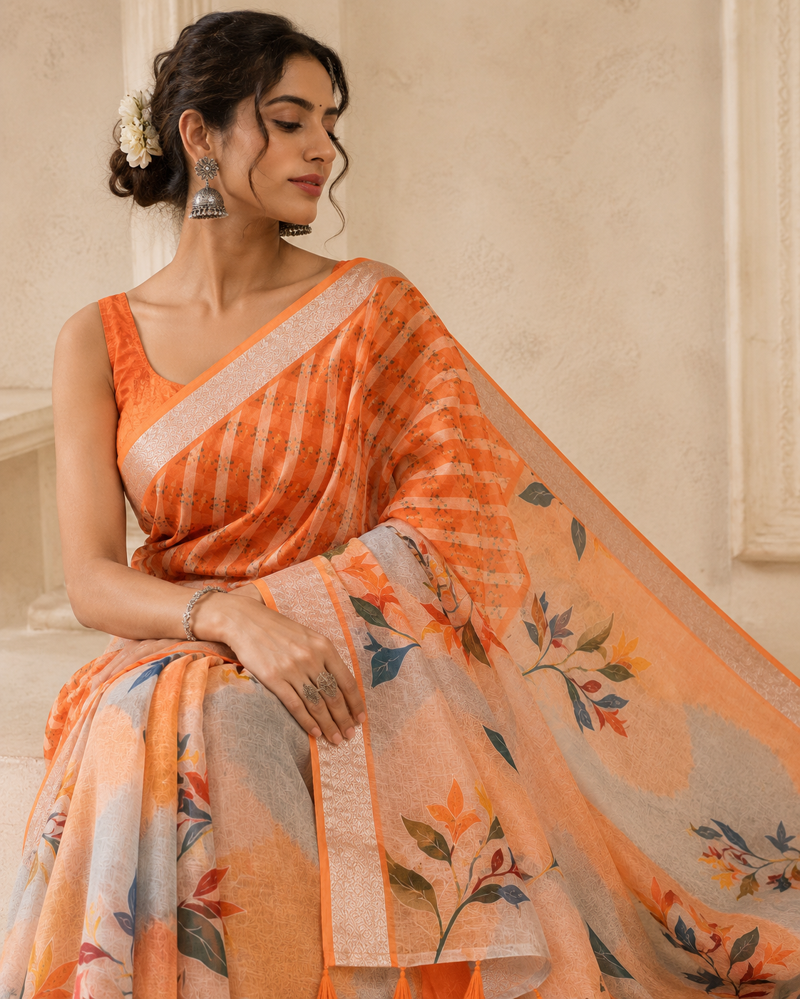 Women's Linen Silver Patta Printed Saree with Tassels