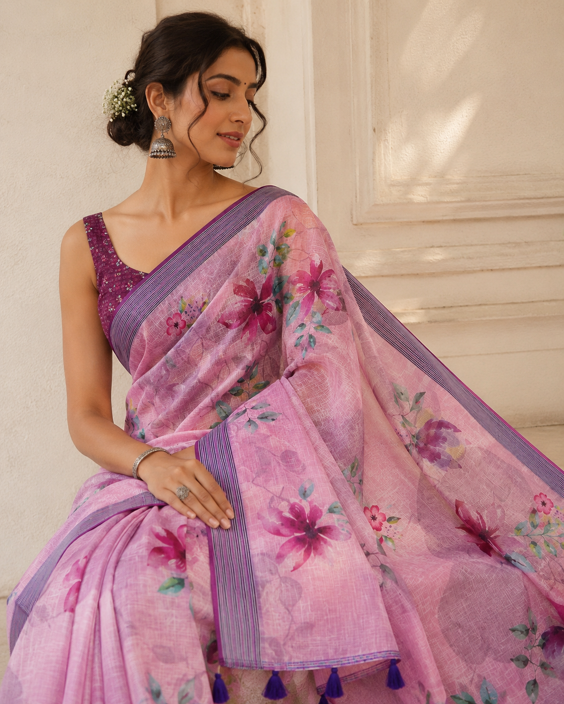 Women's Linen Silver Patta Printed Saree with Tassels