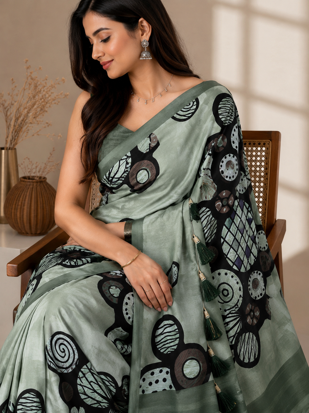 Women's Premium Georgette Silky Saree with Abstract Print & Tassel Pallu