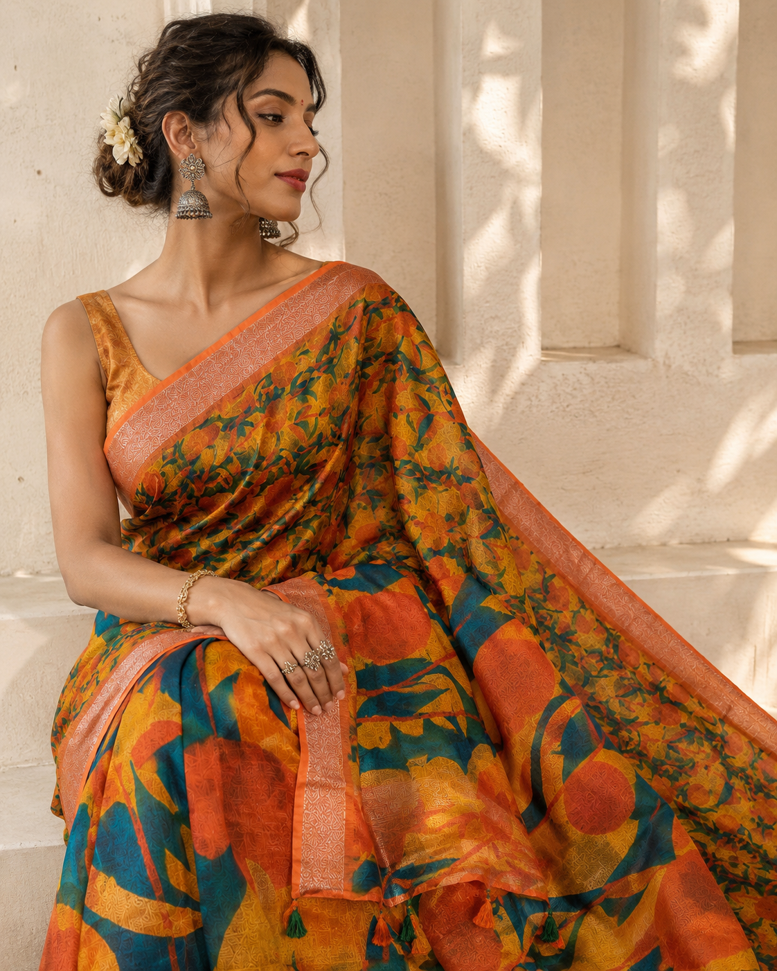 Women's Linen Silver Patta Printed Saree with Tassels