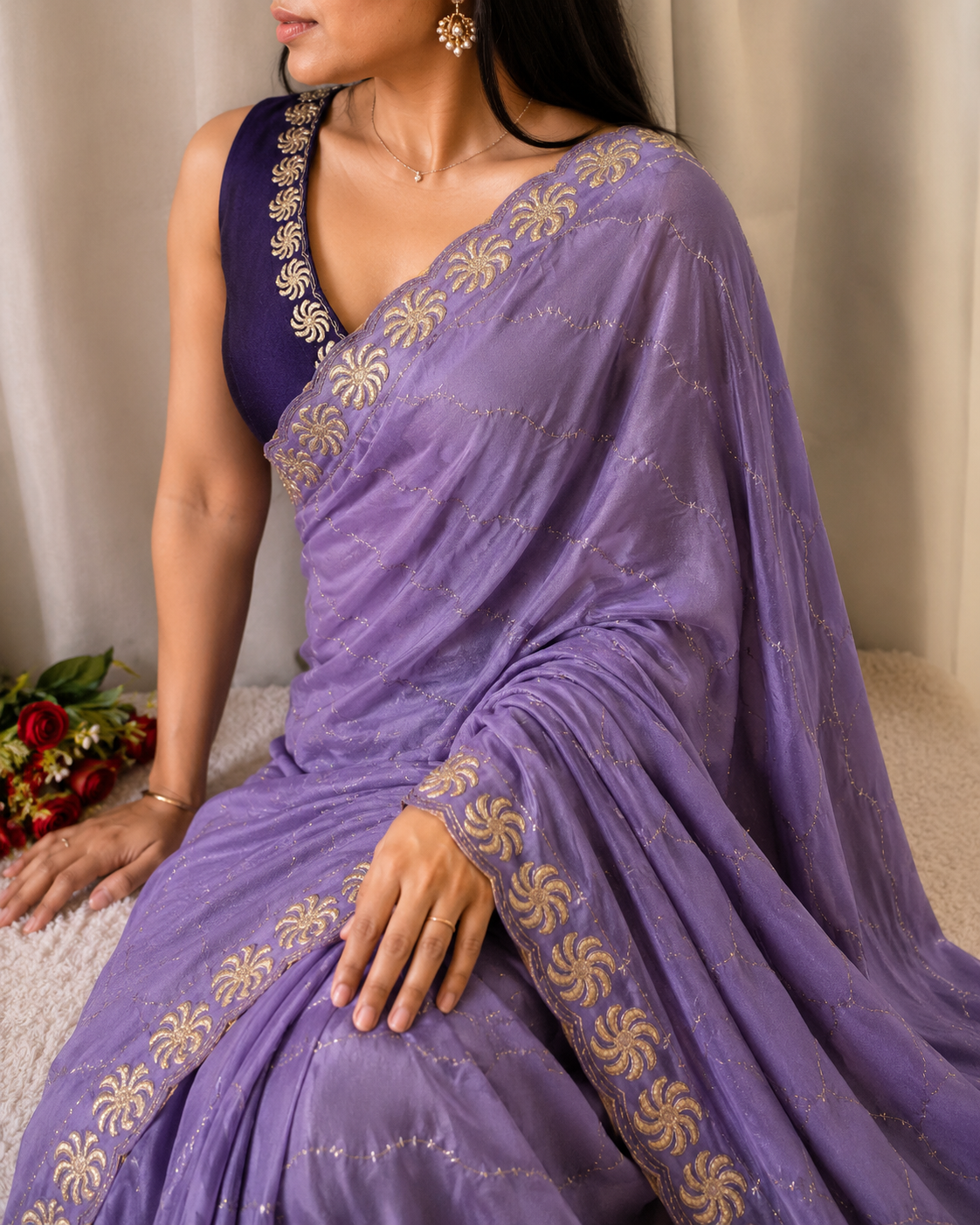 Ring Star Georgette Saree with Sequence Bits Work & Contrast Running Blouse