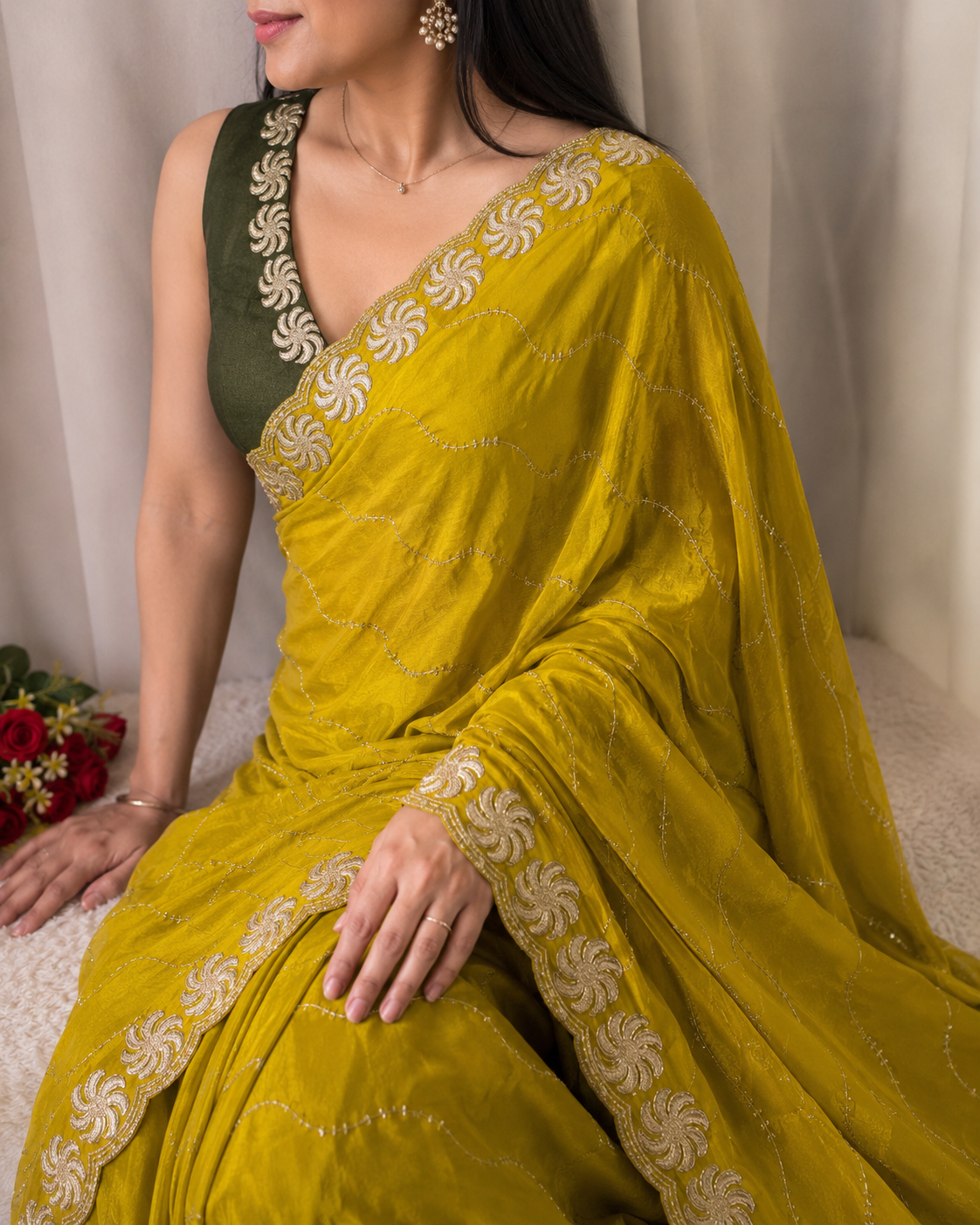 Ring Star Georgette Saree with Sequence Bits Work & Contrast Running Blouse