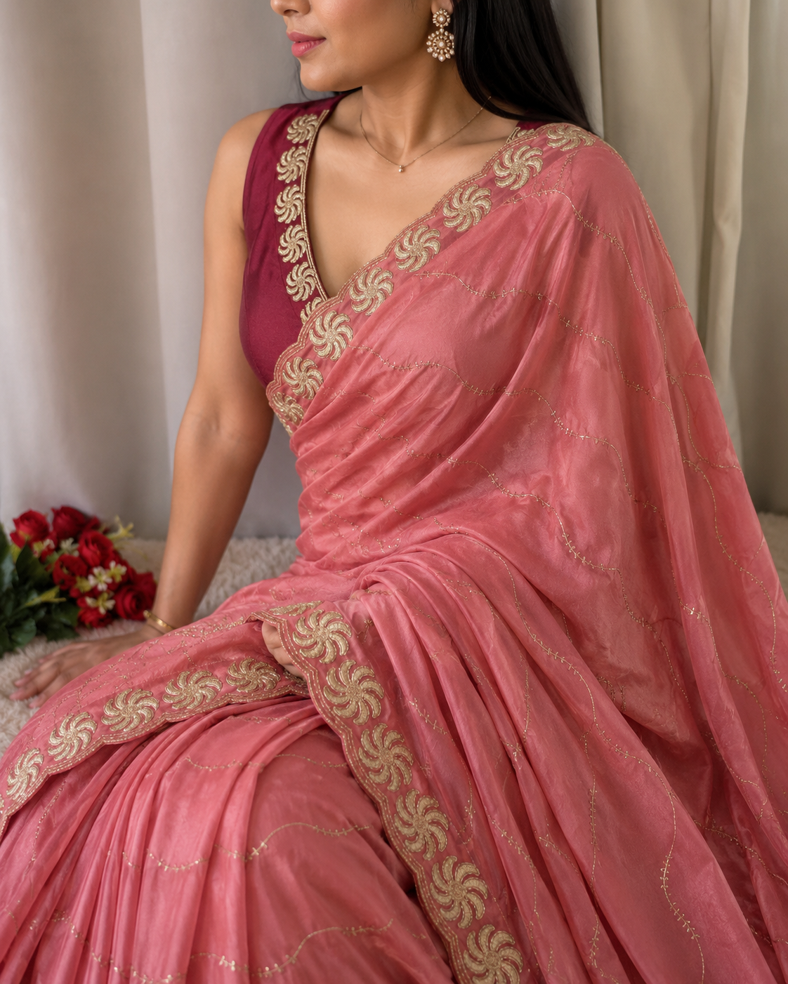 Ring Star Georgette Saree with Sequence Bits Work & Contrast Running Blouse