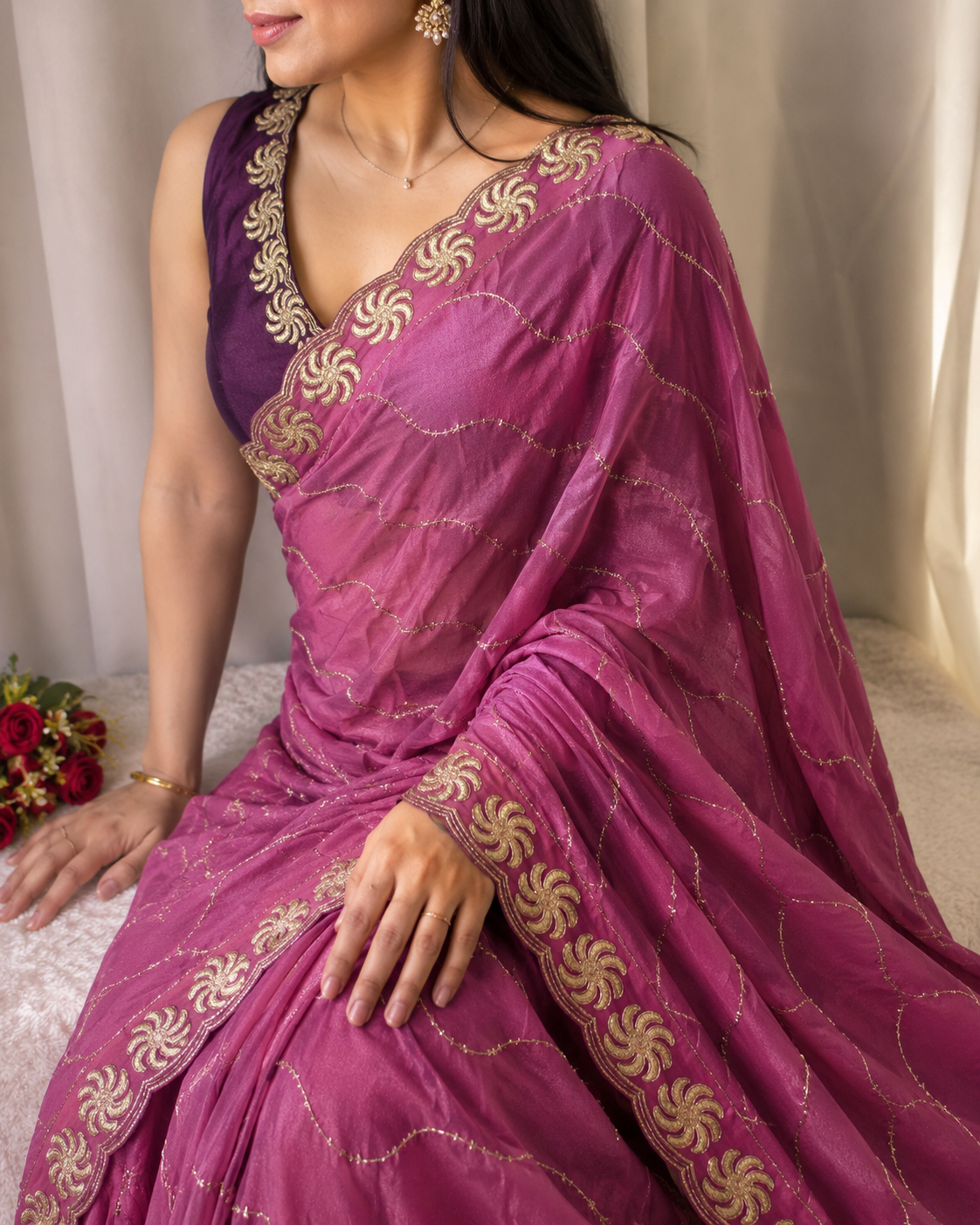 Ring Star Georgette Saree with Sequence Bits Work & Contrast Running Blouse