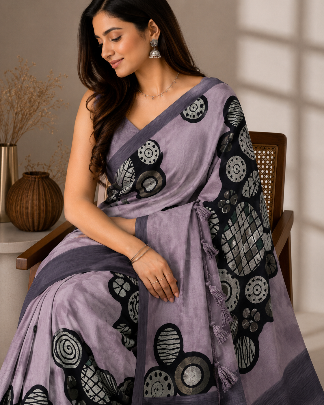 Women's Premium Georgette Silky Saree with Abstract Print & Tassel Pallu