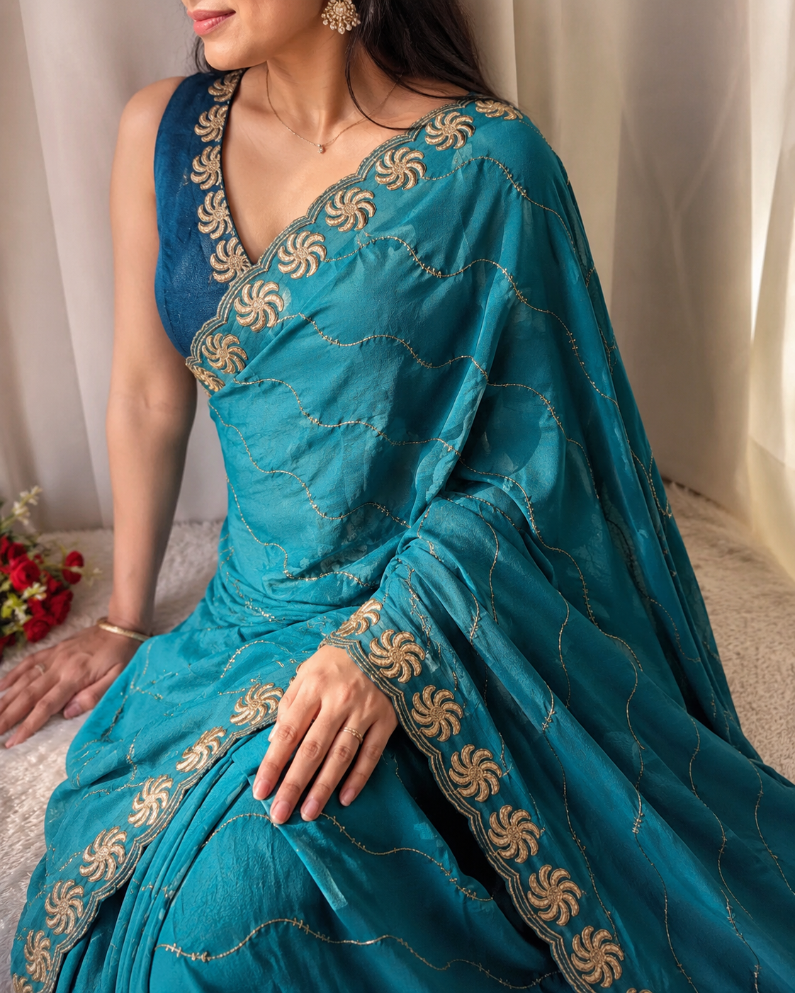 Ring Star Georgette Saree with Sequence Bits Work & Contrast Running Blouse