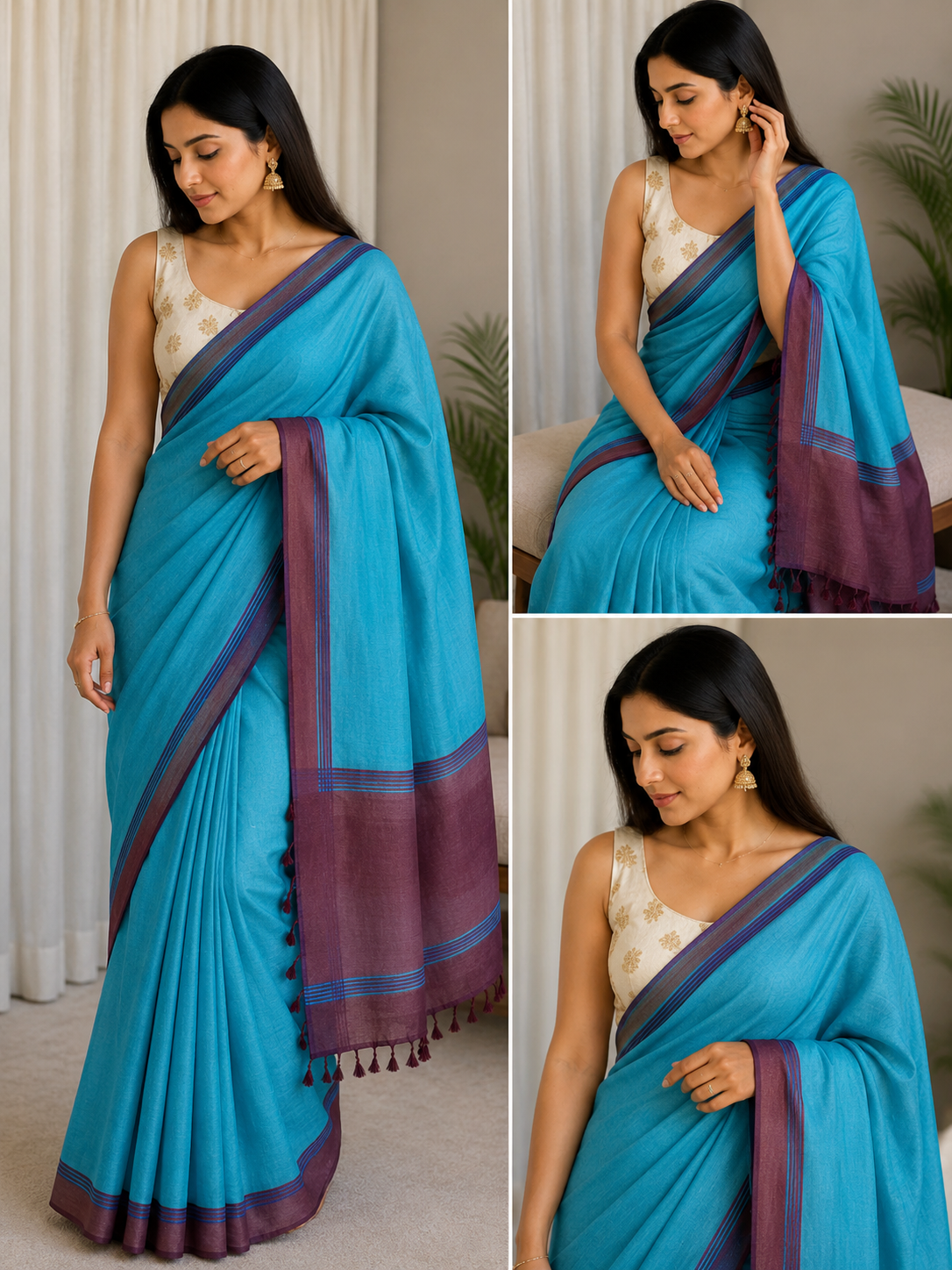 Women's Premium Shiny Saree with Contrast Border & Tassel Pallu | Elegant Party Wear Saree