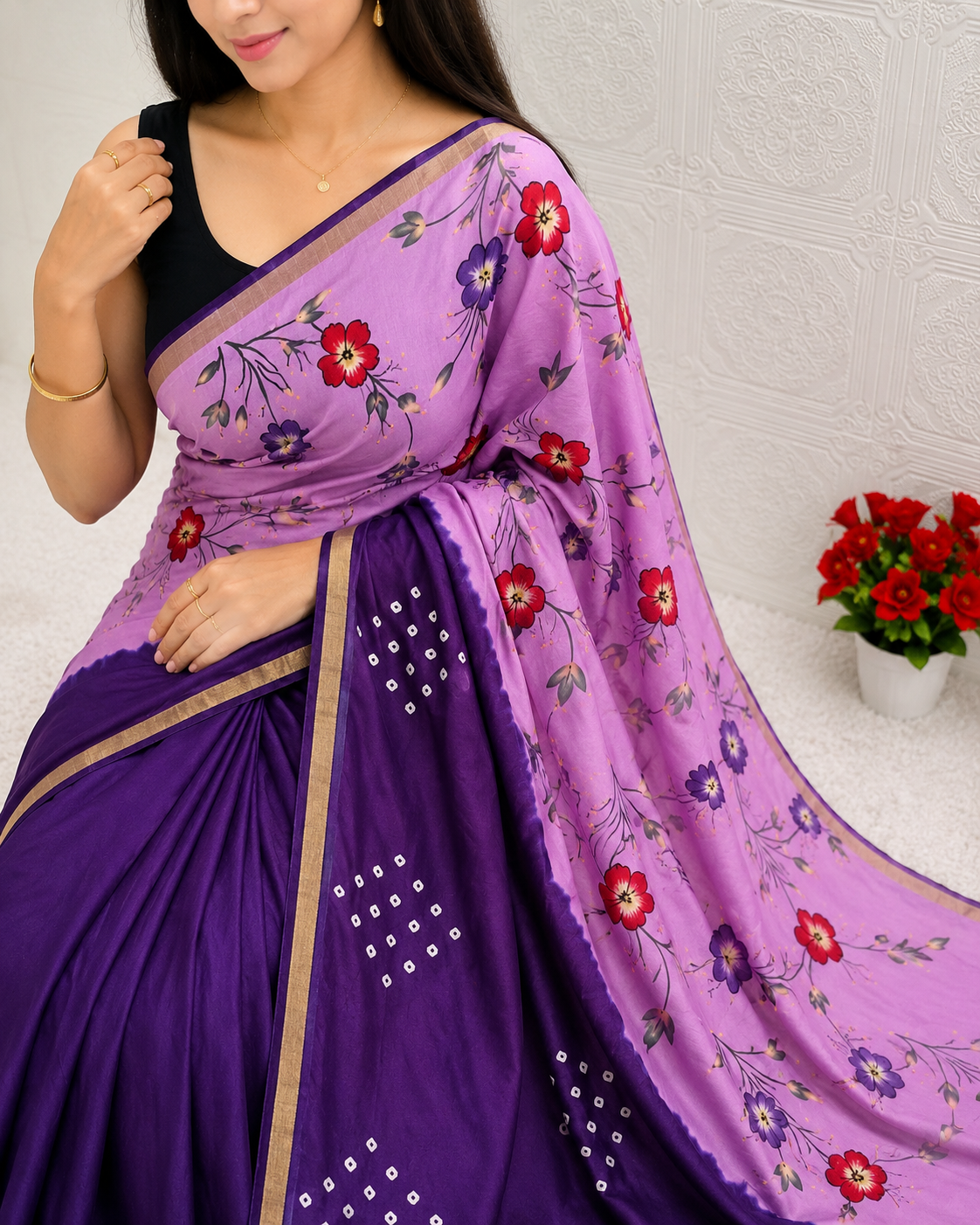 Women's Premium Mulmul Printed Saree with Floral Print Design & Running Blouse