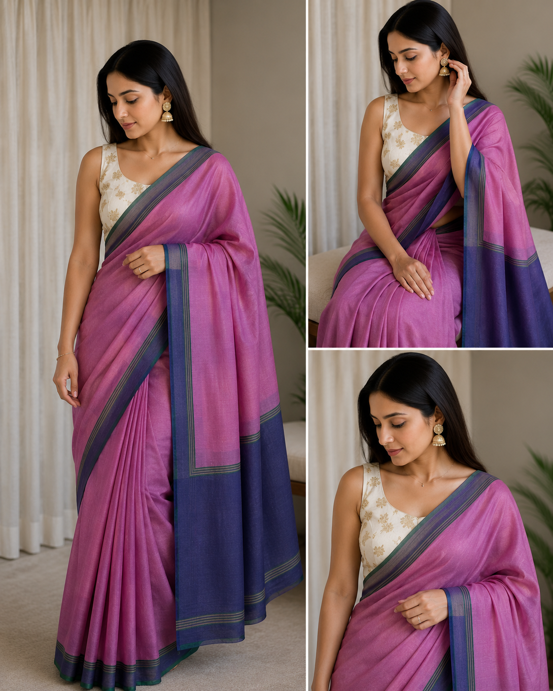 Women's Premium Shiny Saree with Contrast Border & Tassel Pallu | Elegant Party Wear Saree