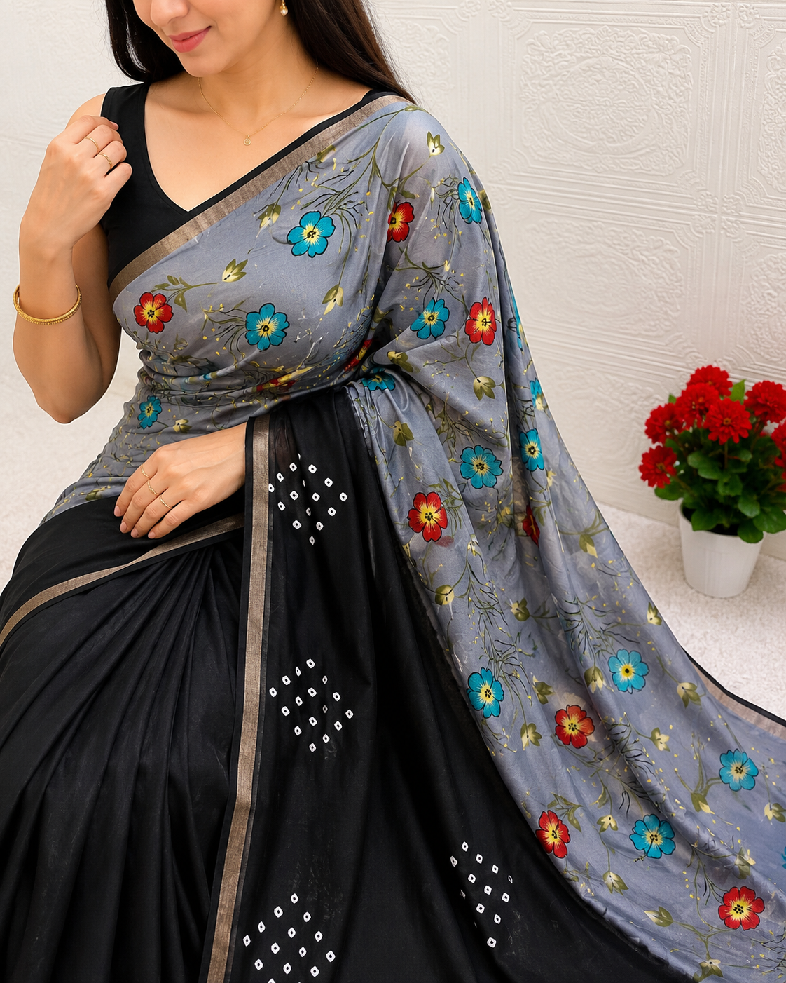 Women's Premium Mulmul Printed Saree with Floral Print Design & Running Blouse