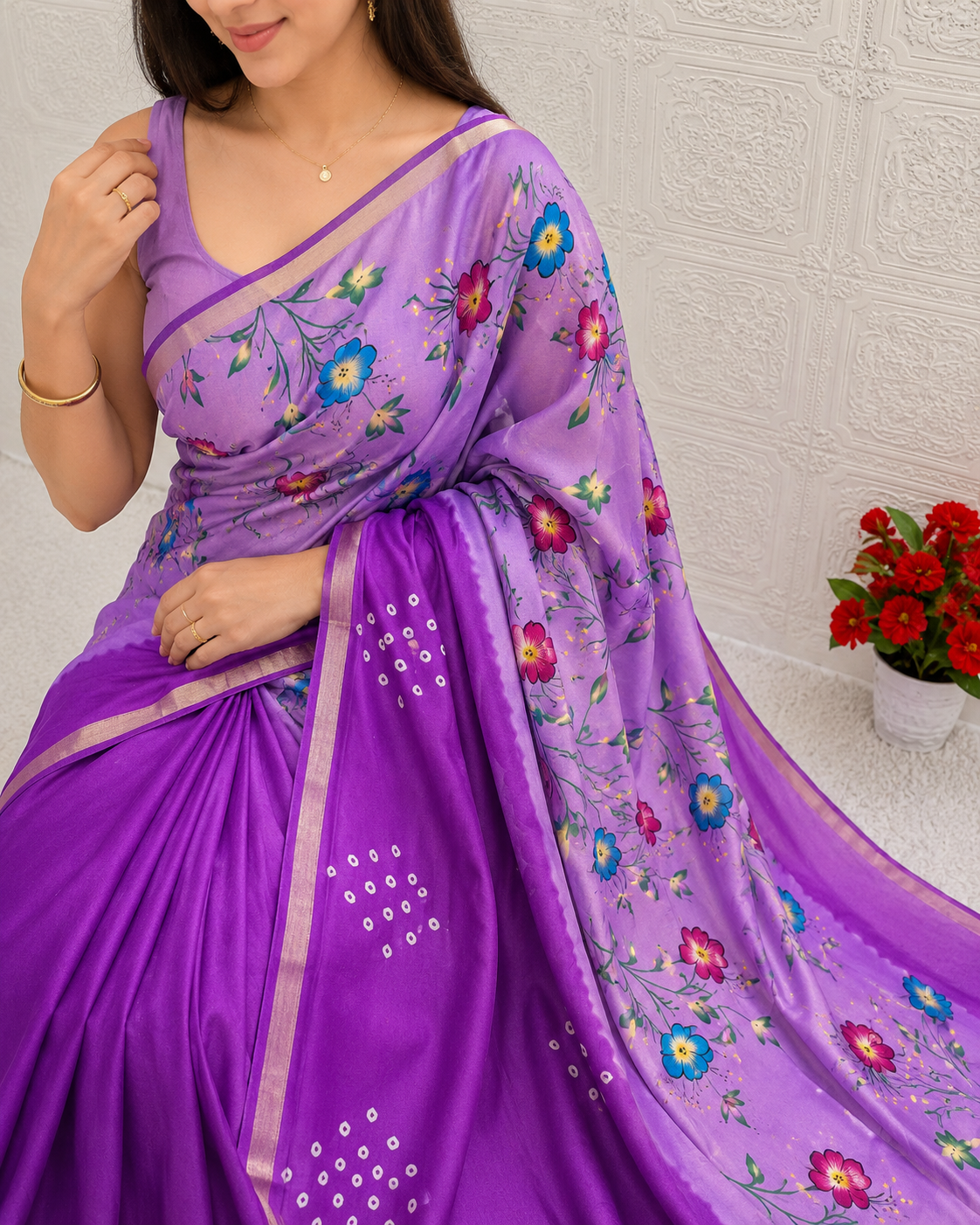 Women's Premium Mulmul Printed Saree with Floral Print Design & Running Blouse