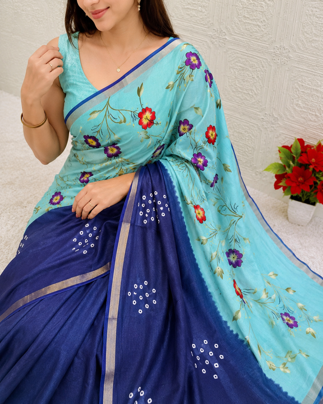 Women's Premium Mulmul Printed Saree with Floral Print Design & Running Blouse