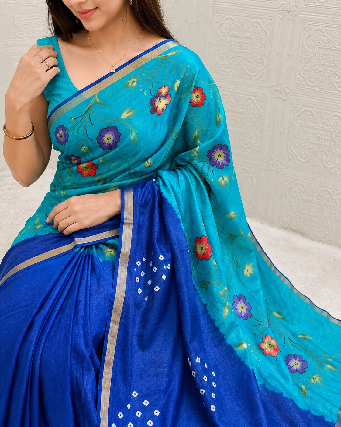 Women's Premium Mulmul Printed Saree with Floral Print Design & Running Blouse