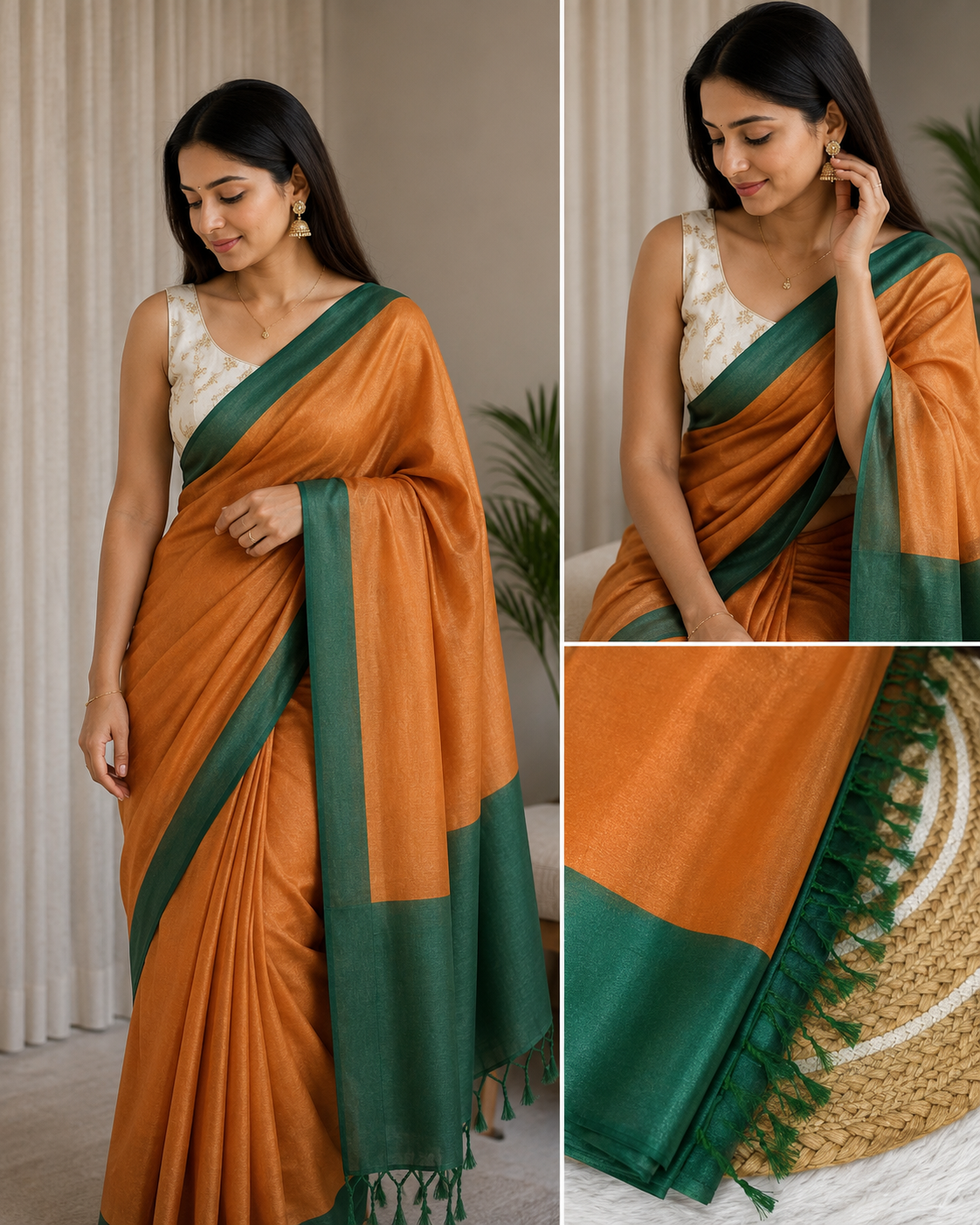 Women's Premium Shiny Saree with Contrast Border & Tassel Pallu | Elegant Party Wear Saree
