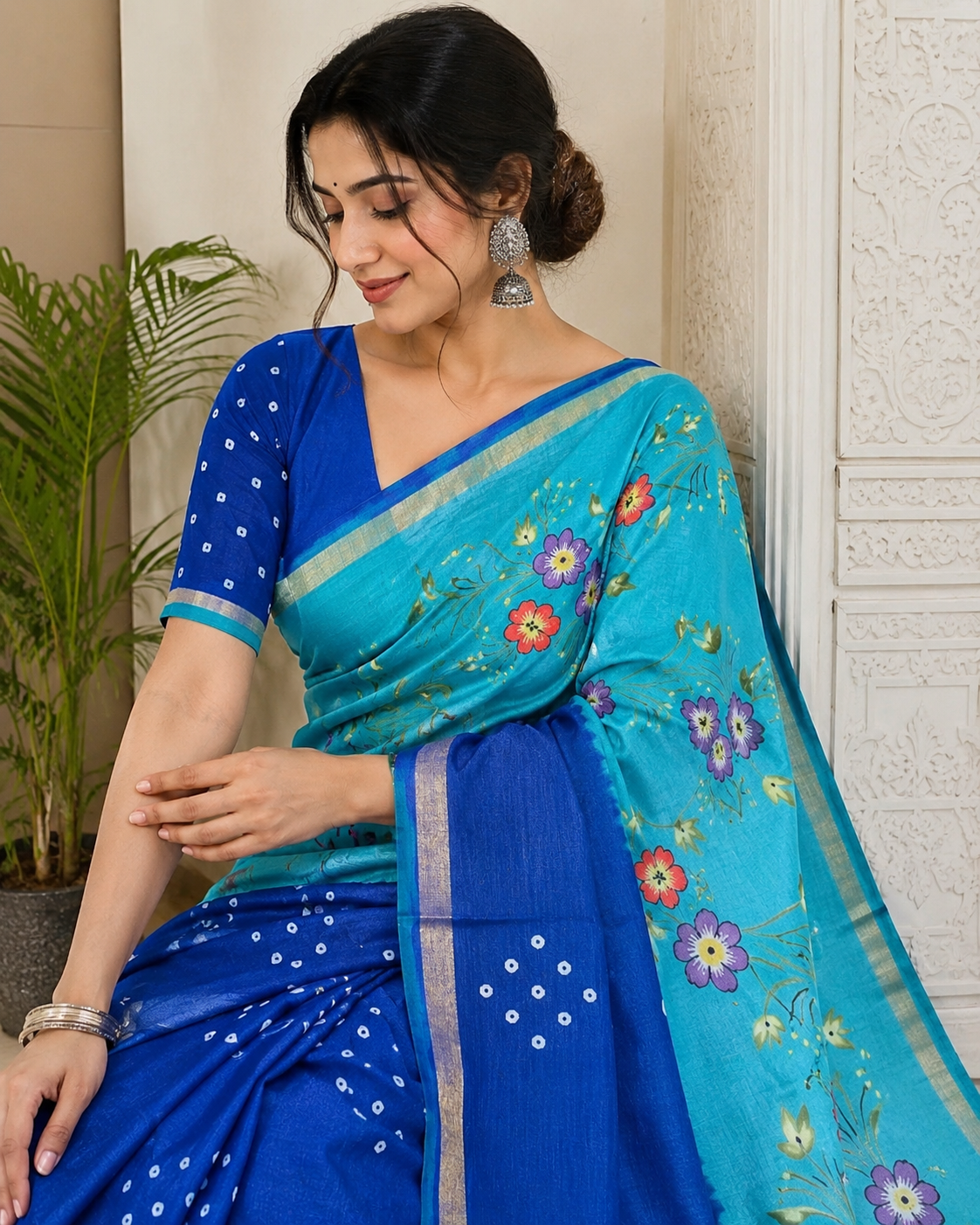 Women's Premium Mulmul Printed Saree with Floral Print Design & Running Blouse
