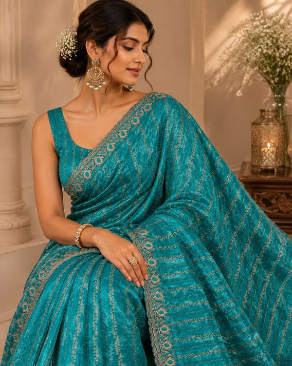 Women's Premium Twill Net Embroidered Saree with Designer Blouse