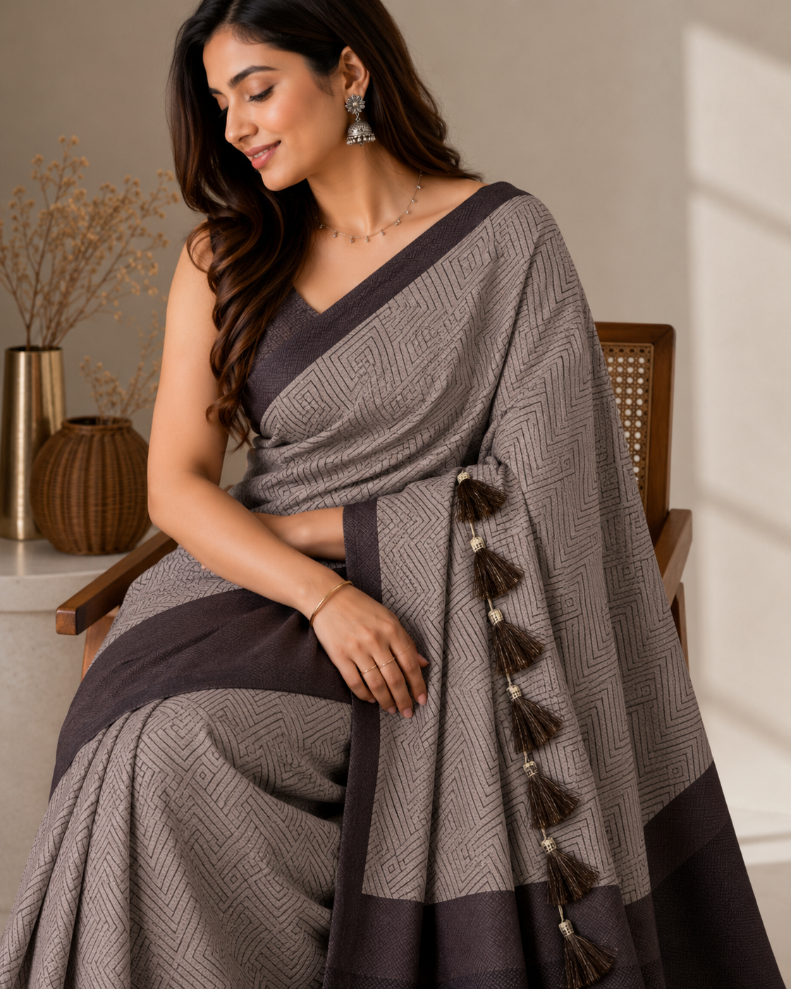 Women's Premium Georgette Silky Saree with Geometric Print & Tassel Pallu