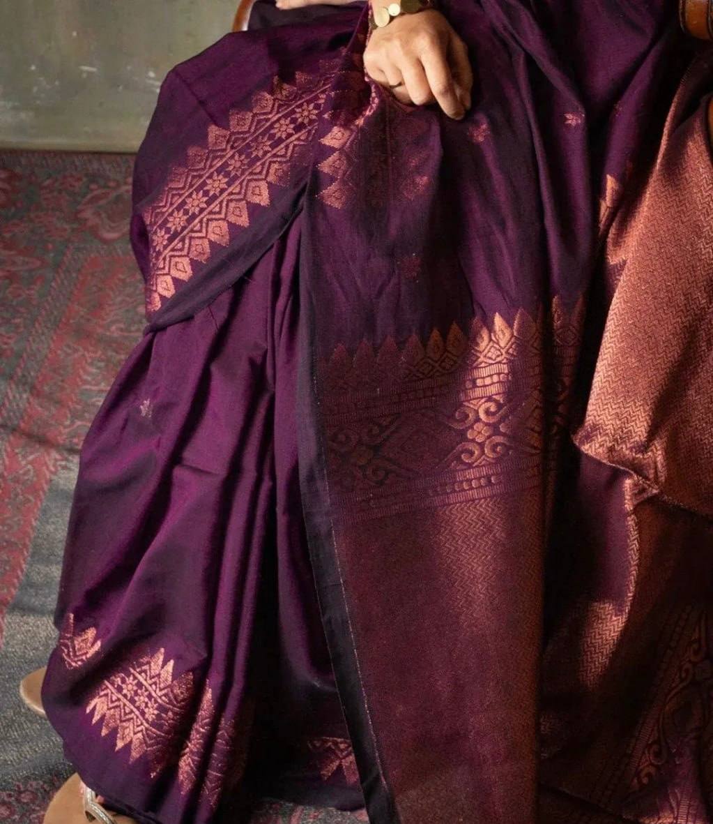 Deep Purple Silk Saree with Rose Gold Zari Border