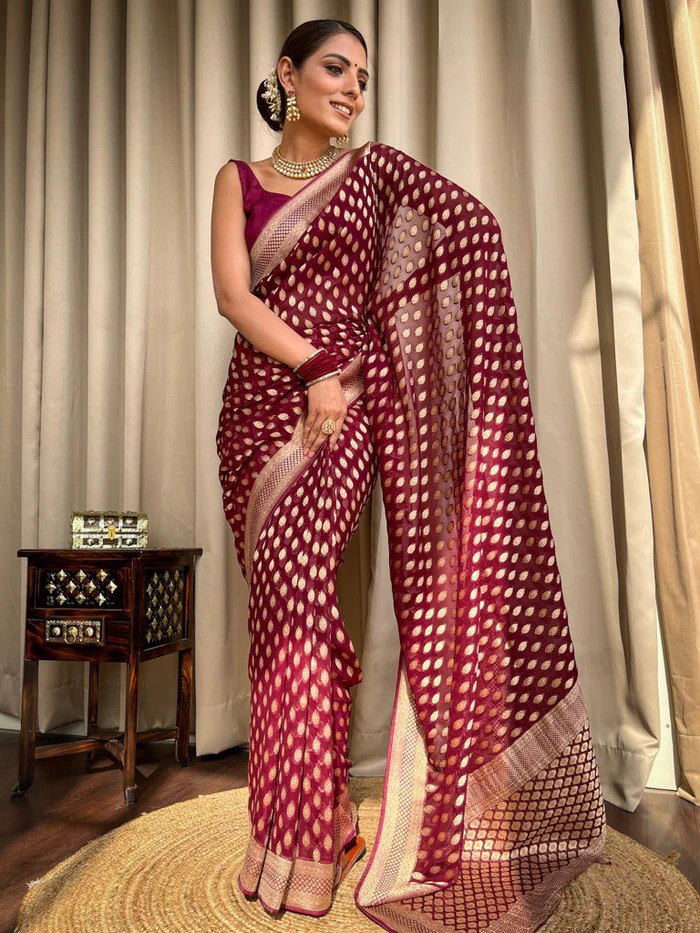 Maroon Banarasi Silk Saree with Golden Zari Weave and Contrast Blouse