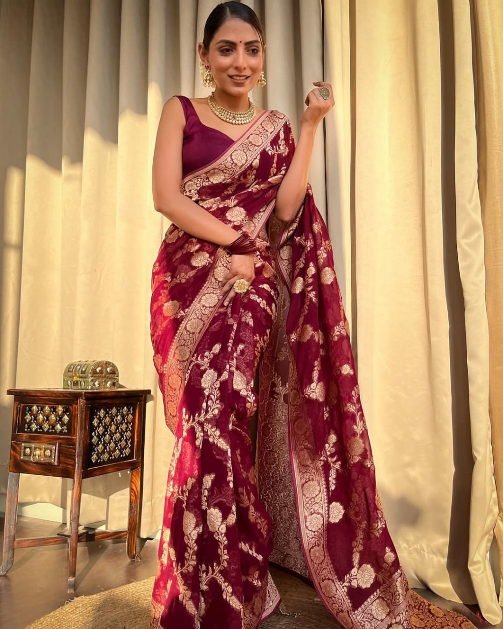 Maroon Banarasi Silk Saree with Golden Floral Embroidery and Purple Blouse