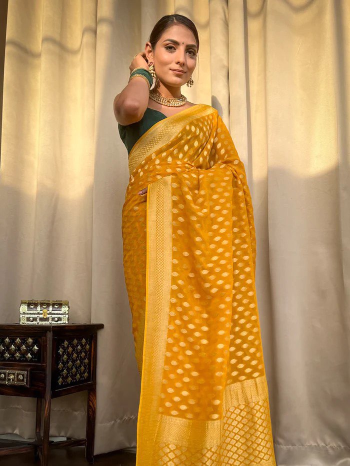 Yellow Banarasi Silk Saree with Green Blouse