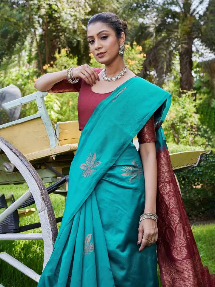 Teal Silk Saree with Maroon Border and Pallu