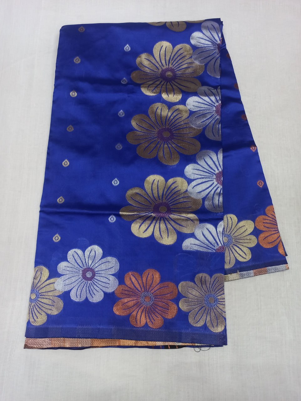 Royal Blue Floral Woven Silk Saree with Embroidered Border