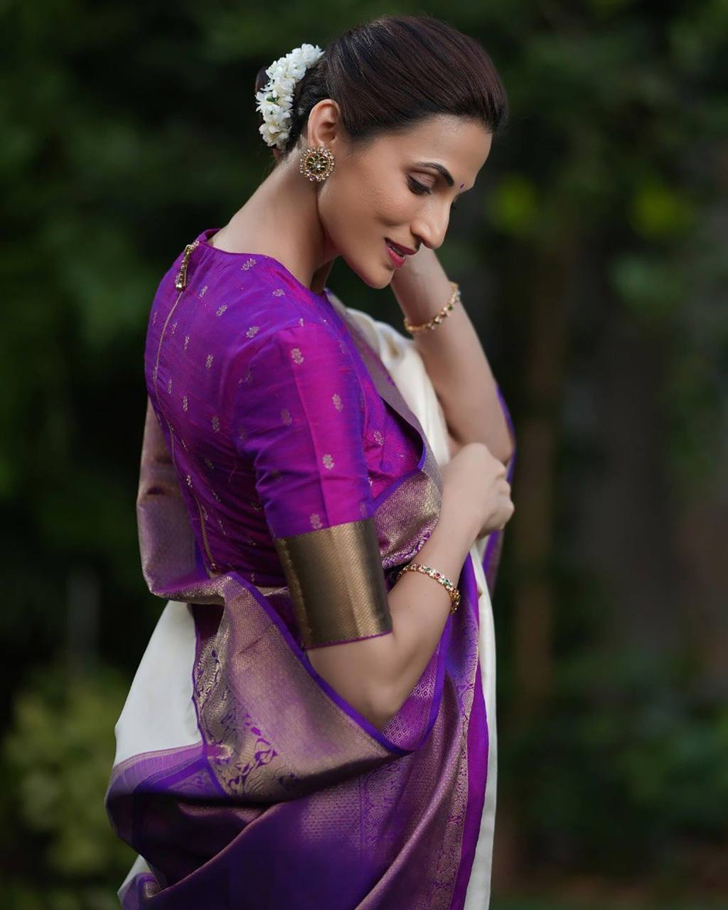 Elegant Off White Silk Saree with Purple Zari Border and Blouse