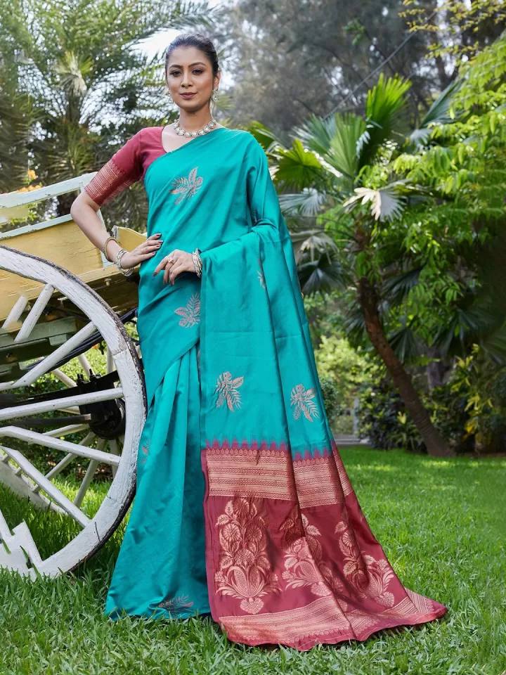 Teal Silk Saree with Maroon Border and Pallu