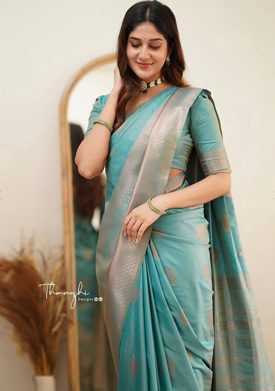 Turquoise Blue Silk Saree with Golden Zari Border