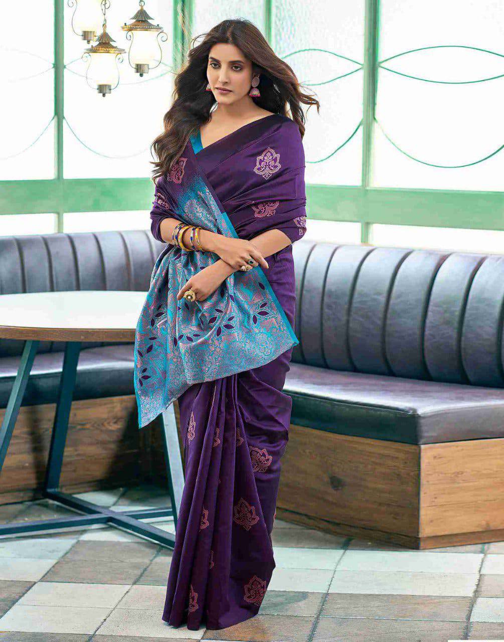 Purple Silk Saree with Blue Embroidered Border