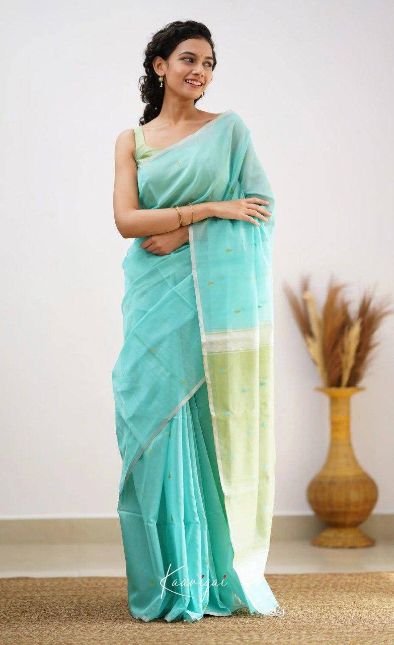 Mint Green Organza Saree with Golden Motifs and Yellow Border