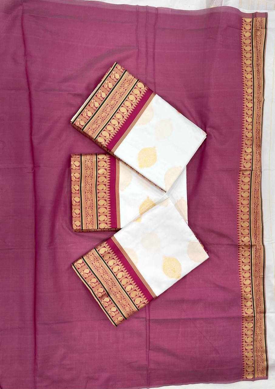 Title: Women's Soft Litchi Silk Saree with Rich Jacquard Work & Contrast Border Blouse – White & Purple